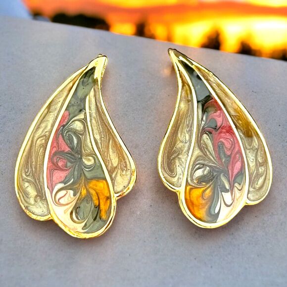 Vintage Designer Earrings Gold Tone Handpainted Shimmer Enamel 1980s Pierced 3G - Picture 1 of 4